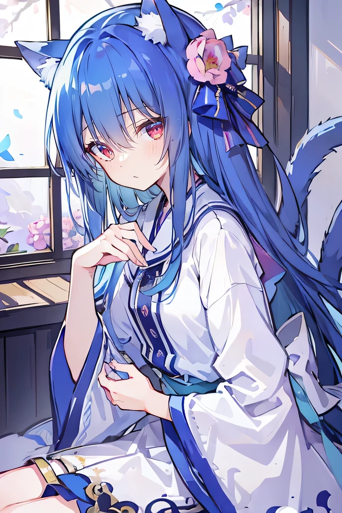 (Masterpiece:1.2),Ultra-detailed,lifelike,The eyes are expressive,Fair skin,Perfect face shape,1 girl,Japanese Manga,Gorgeous blue hair,Flowing blue hair,Flowing clothes,Cat ears,Petals falling,Shy face,sitting on window,Place your hand on your lips,