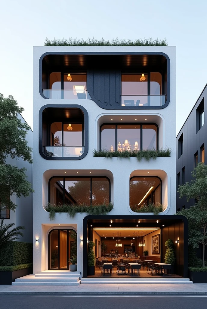Restuarant facade architecture , exterior view , artistic , masterpiece architecture , archdaily , 4th floors , high quality rendering , postmodern look , postmodernism , white and black material