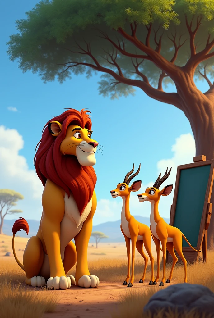 A lion teaching gazelles in the savannah with a blackboard under a tree. pixar style