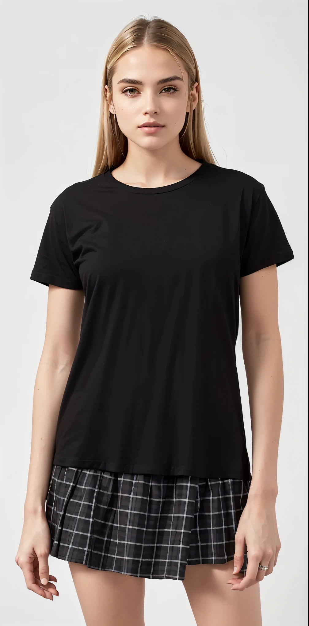 a woman wearing a black t - shirt and plaid skirt, wearing black tshirt, wearing a black tshirt, wearing a black t-shirt, black t shirt, black t - shirt, black t-shirt, black shirt, wearing a black shirt, wearing a t-shirt, wearing a black!! t - shirt, black top, he is wearing a black t-shirt