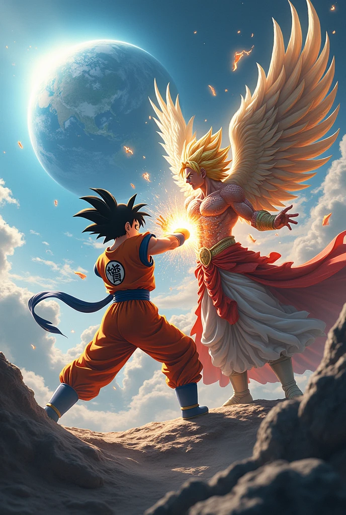 Goku fighting with grand priest above the earth brutally