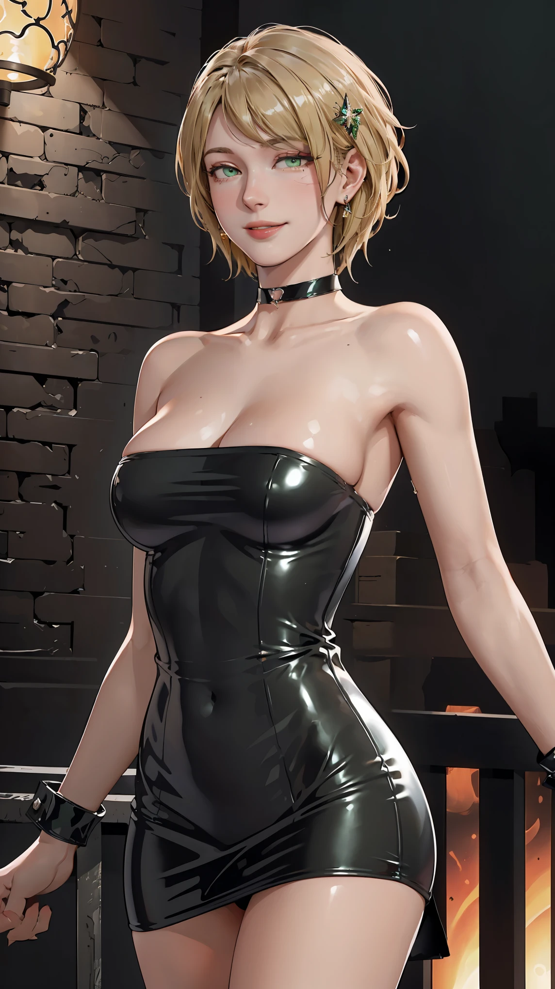 ((((masterpiece, best quality, high resolution)))), Extremely detailed 8K, Beautiful girl with voluptuous body, (Ultra HD, Ultra-detailed, Highly detailed, Highly realistic, Ultra-realistic, photograph realistic), (1girl:1.5), (Realistic blonde hair), (short silky hair, hair ornaments, earrings), (dynamic poses), facing at camera, looking at viewer, (blushing red, embarrassed, exhausted, smile), (green eyes, sharp eyes), (medium perky breasts:1.3), (wide hips:1.2), (beautiful detailed face, beautiful detailed eyes), ((black choker, tight latex bandeau dress)), (detail pussy), (standing up), sweat, glow, (nightlight), ((cowboy shot)), jazz bar, seductive, (toned muscle)