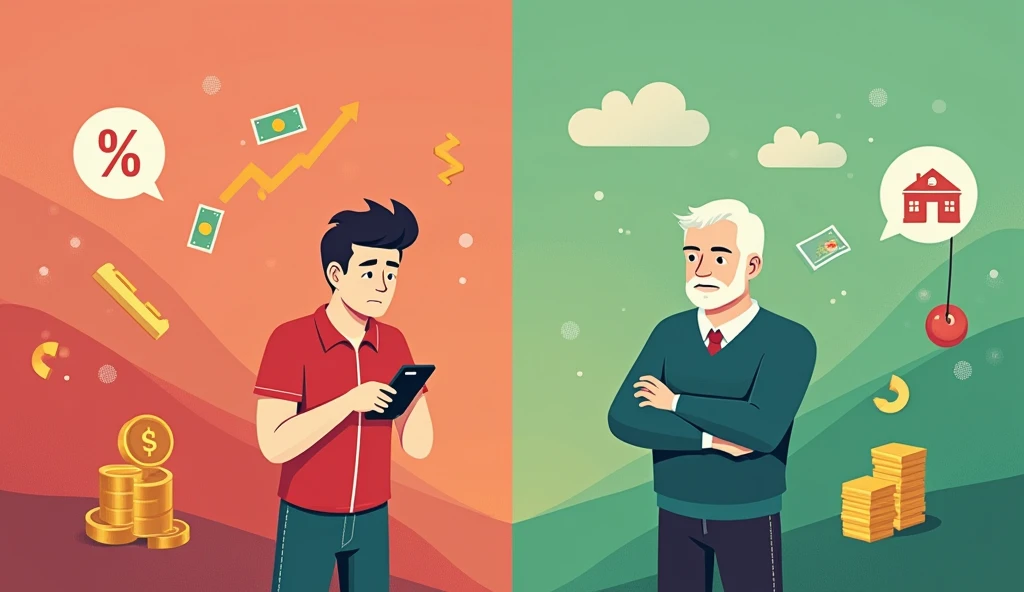 The image is split into two sections, depicting a comparison between the "New Generation" and the "Old Generation."
- **Left Side (New Generation):**
- Background: A red, downward-trending graph, symbolizing financial loss or struggle.
- A young man, dressed in a red shirt, is looking stressed or frustrated while holding a smartphone.
- Overlaid icons include:
- A "Total P&L" (Profit & Loss) figure showing **-17,810.00**, indicating a significant financial loss.
- A price tag, possibly representing consumerism or spending habits.
- A smartphone icon, suggesting dependence on technology or digital tools.
- **Right Side (Old Generation):**
- Background: A green, upward-trending environment, symbolizing financial success or stability.
- An older man, dressed in a light-colored shirt, is smiling confidently with his arms crossed.
- Overlaid icons include:
- A stack of cash, symbolizing wealth or savings.
- Gold bars, representing investments in tangible assets.
- A house, symbolizing property ownership or stability.
The overall theme of the image contrasts the financial struggles and reliance on technology of the new generation with the financial prudence and traditional asset-building of the older generation.