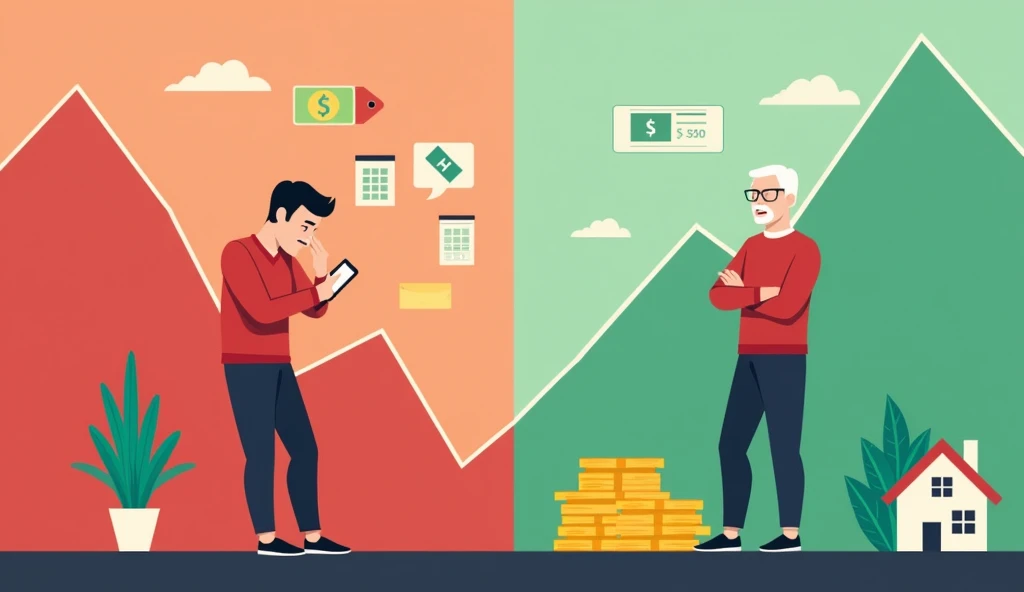 The image is split into two sections, depicting a comparison between the "New Generation" and the "Old Generation."
- **Left Side (New Generation):**
- Background: A red, downward-trending graph, symbolizing financial loss or struggle.
- A young man, dressed in a red shirt, is looking stressed or frustrated while holding a smartphone.
- Overlaid icons include:
- A "Total P&L" (Profit & Loss) figure showing **-17,810.00**, indicating a significant financial loss.
- A price tag, possibly representing consumerism or spending habits.
- A smartphone icon, suggesting dependence on technology or digital tools.
- **Right Side (Old Generation):**
- Background: A green, upward-trending environment, symbolizing financial success or stability.
- An older man, dressed in a light-colored shirt, is smiling confidently with his arms crossed.
- Overlaid icons include:
- A stack of cash, symbolizing wealth or savings.
- Gold bars, representing investments in tangible assets.
- A house, symbolizing property ownership or stability.
The overall theme of the image contrasts the financial struggles and reliance on technology of the new generation with the financial prudence and traditional asset-building of the older generation.