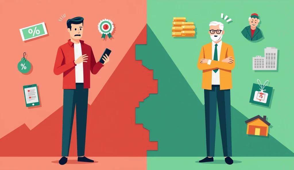 The image is split into two sections, depicting a comparison between the "New Generation" and the "Old Generation."
- **Left Side (New Generation):**
- Background: A red, downward-trending graph, symbolizing financial loss or struggle.
- A young man, dressed in a red shirt, is looking stressed or frustrated while holding a smartphone.
- Overlaid icons include:
- A "Total P&L" (Profit & Loss) figure showing **-17,810.00**, indicating a significant financial loss.
- A price tag, possibly representing consumerism or spending habits.
- A smartphone icon, suggesting dependence on technology or digital tools.
- **Right Side (Old Generation):**
- Background: A green, upward-trending environment, symbolizing financial success or stability.
- An older man, dressed in a light-colored shirt, is smiling confidently with his arms crossed.
- Overlaid icons include:
- A stack of cash, symbolizing wealth or savings.
- Gold bars, representing investments in tangible assets.
- A house, symbolizing property ownership or stability.
The overall theme of the image contrasts the financial struggles and reliance on technology of the new generation with the financial prudence and traditional asset-building of the older generation.