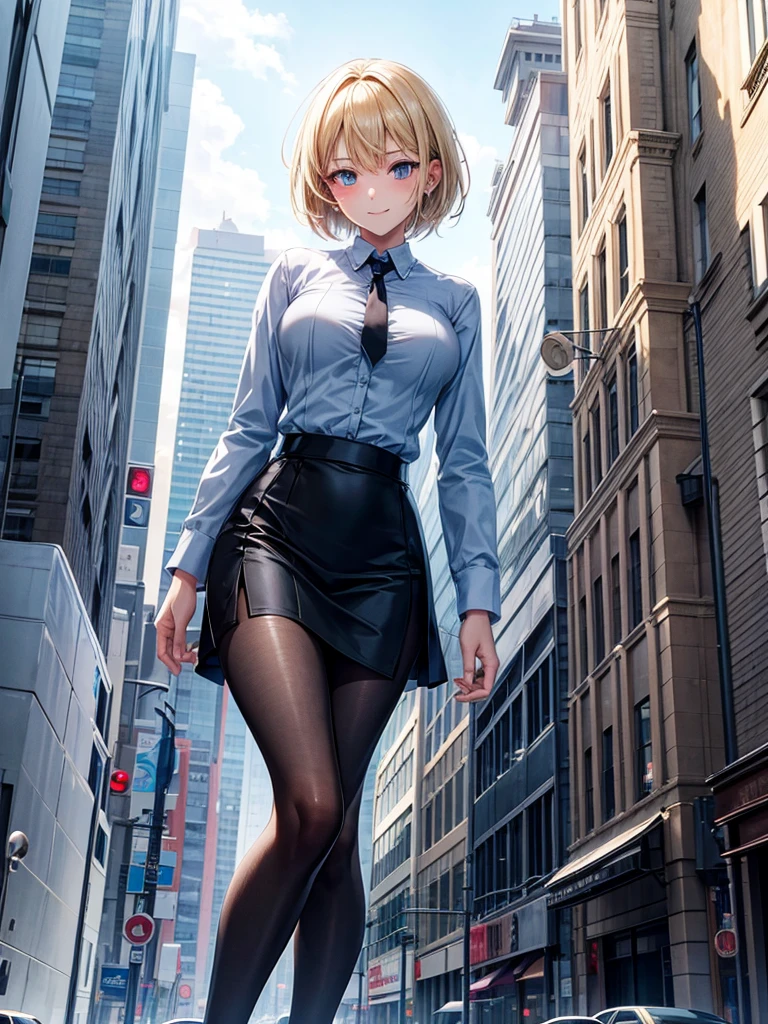 Anime style, super fine illustration, highly detailed, beautiful detailed, perfect detailed, super high quality image, static representation, gentle expression, happy expression, the pretty image, super stylish, 8k, pretty 1girl with blonde straight short hair & blue eyes & a bright smile & full bust & soft fair skin is a career woman supervisor who is not to show her skin wearing big light blue business shirt & black summer tailored jacket & black tight skirt & black pantyhose on the urban business buildings street, in the morning, solo, perfect fingers, no more fingers, no less fingers, perfect arms, no more arms, perfect legs, no more legs, no more hair, masterpiece.