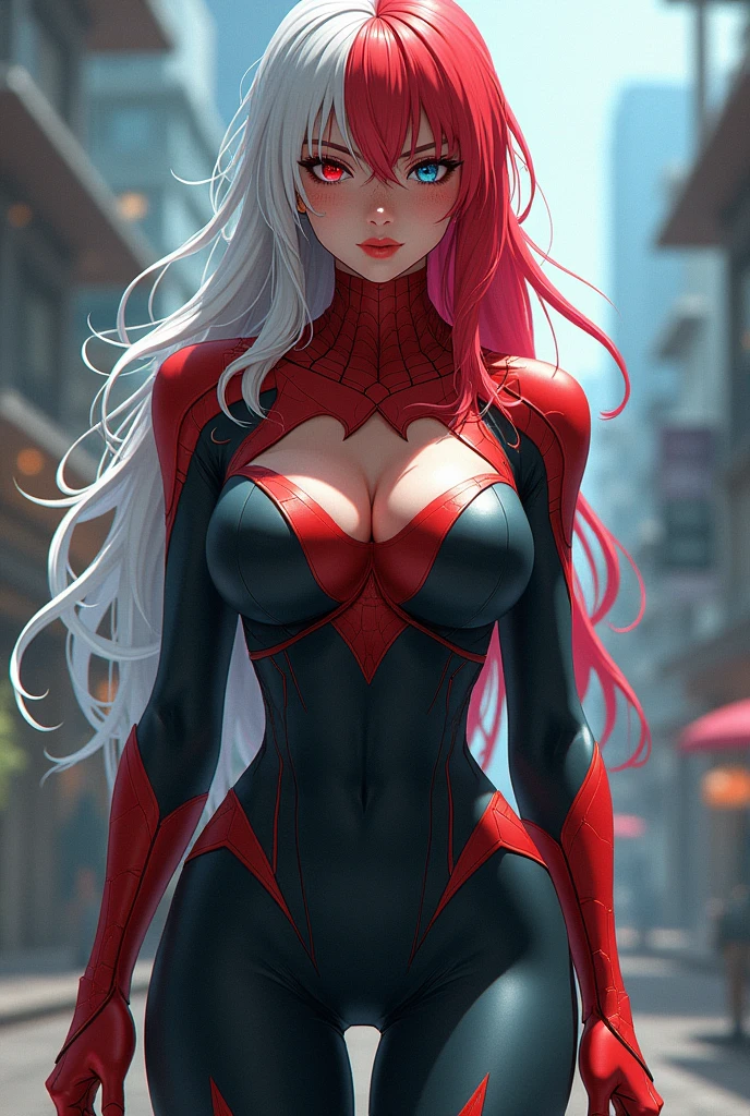 Superheroine with a sexy but not vulgar costume that reminds us of a spider, a bat, a storm, with light but strong colors, being unique, without copying any other hero, waist-length hair, straight, slightly wavy, half white, half natural red, the division of hair, each half of the hair is a color,medium breasts, big-ass, Waist slender, thick-thighs, 1,68 cm, hq-style/oc, white, angelical, one eye red and the other blue-green, submissive face, but also with a striking and intimidating look,  fleshy lips, eyelash "big teats", very rosy cheeks with some freckles in a realistic anime style , natural colors, light suits, pele bem white, orange red hair, LIGHT AND SEXY COLOR OUTFIT, COMIC BOOK SUPERHEROINE STYLE 