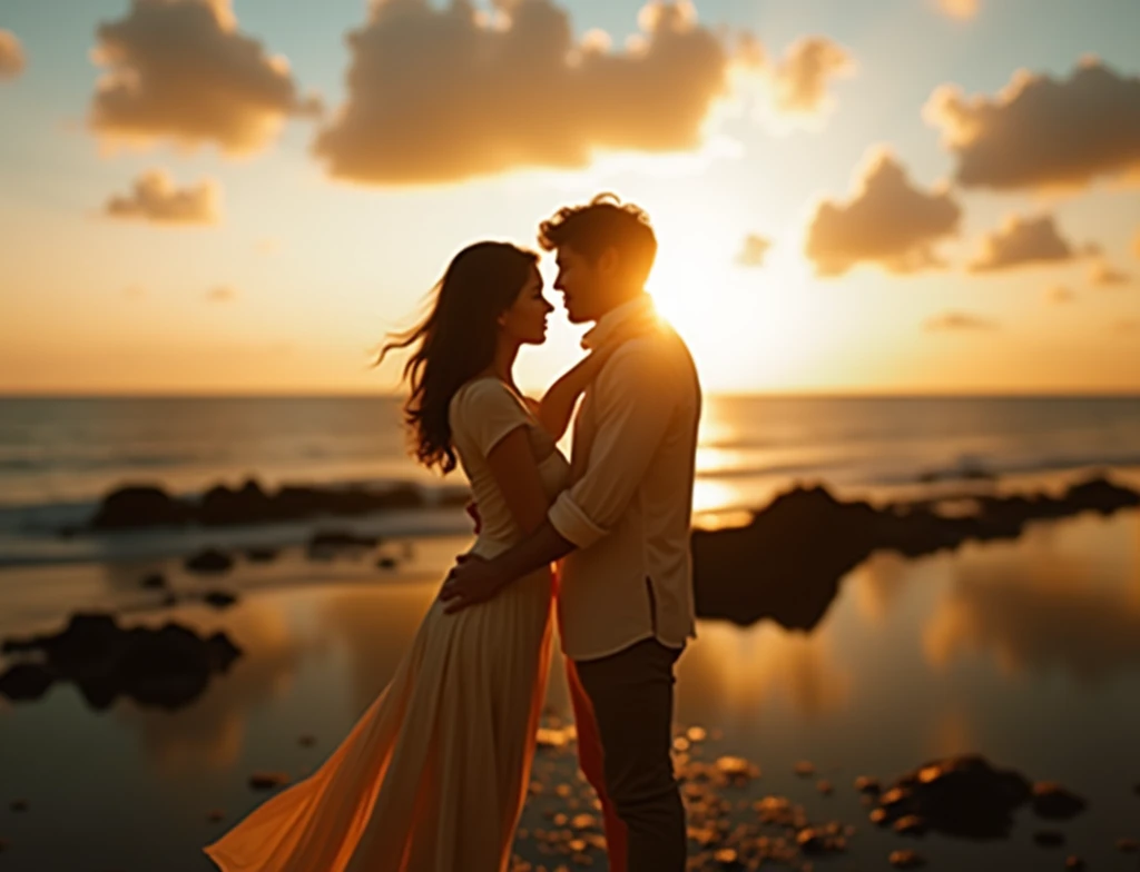 Serenity at Sea man and Woman Embracing Horizon Sunset Colors Reflective Waterscape