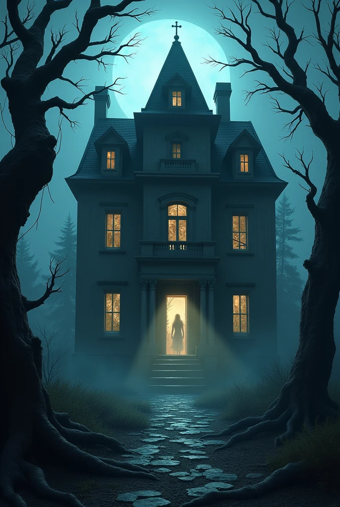 : A shot of the mansion’s eerie, broken windows, with a faint, ghostly light emanating from one of them. The surrounding trees are gnarled and dead, and the entire scene is bathed in a cold, unnatural light, emphasizing the supernatural aura of the place.

Size: 1024x1024