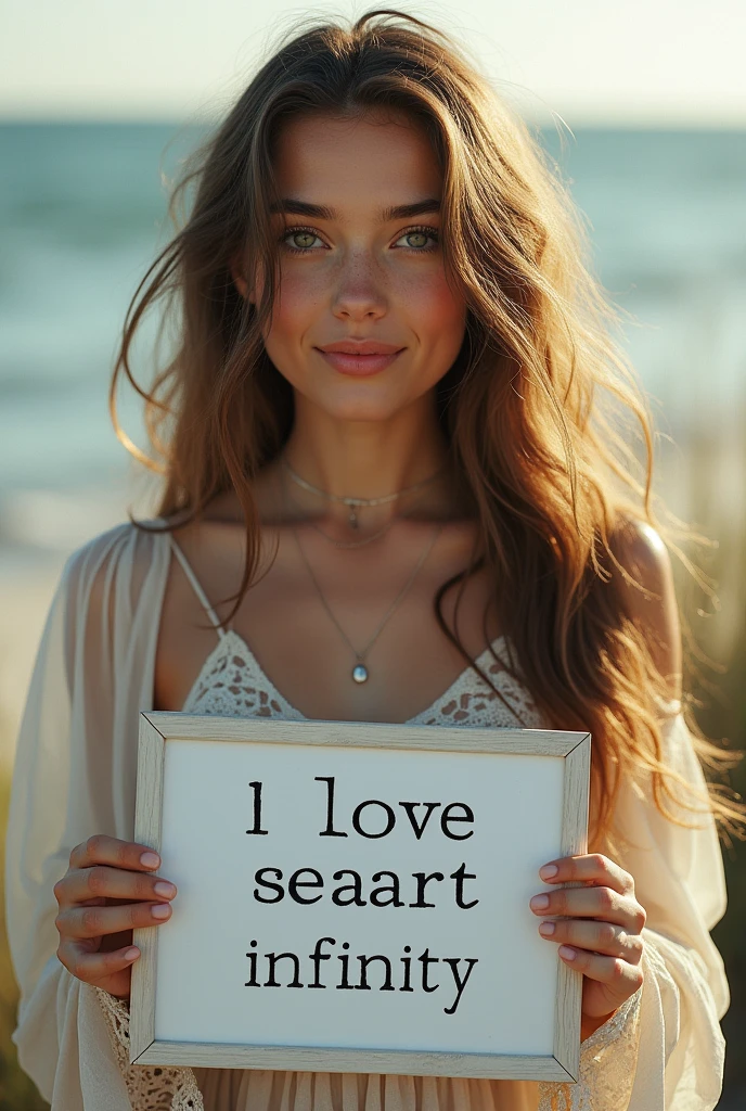 Beautiful girl with wavy long hair, bohemian dress, holding a white board with text "I Love Seaart Infinity" and showing it to the viewer