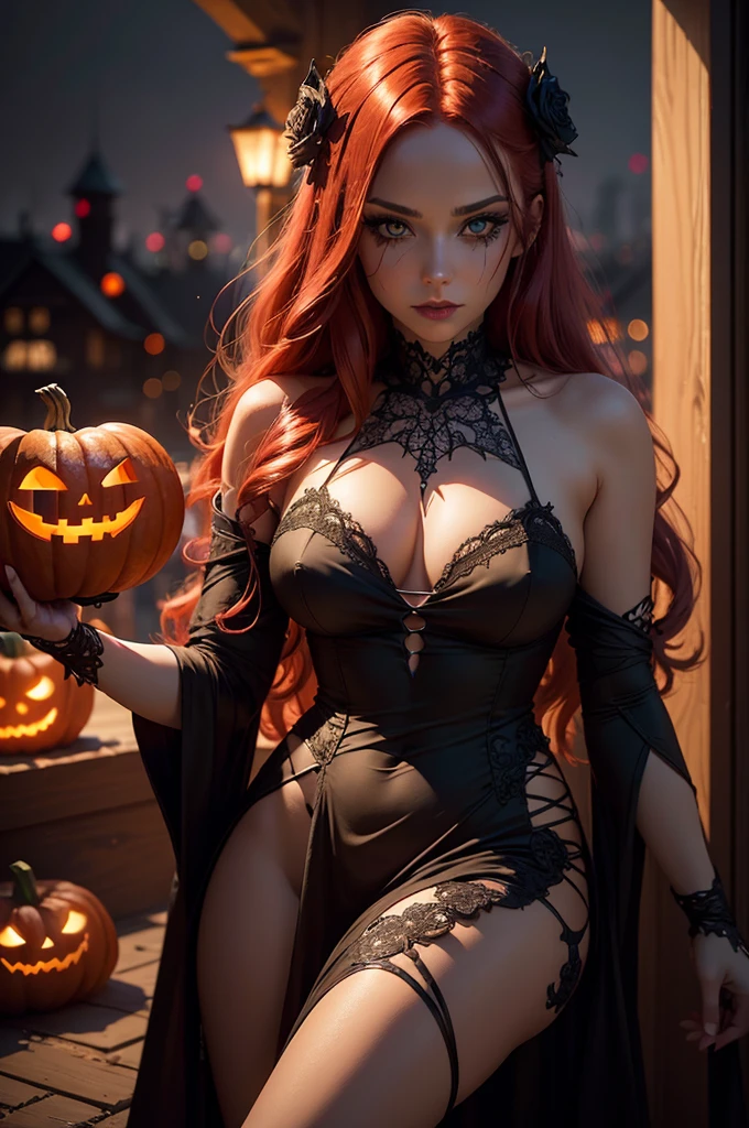 A young woman with long, flowing red hair, dressed in a seductive Halloween costume, trick-or-treating in a spooky, dimly lit city at night, surrounded by festive decorations, (best quality,4k,8k,highres,masterpiece:1.2),ultra-detailed,(realistic,photorealistic,photo-realistic:1.37),detailed eyes,detailed lips,extremely detailed face,longeyelashes,intricate halloween costume,night cityscape,jack-o-lanterns,cobweb decorations,moody lighting,vibrant colors