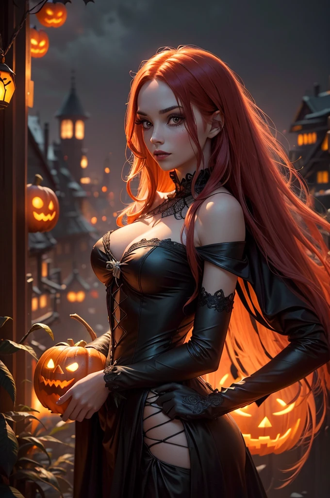 A young woman with long, flowing red hair, dressed in a seductive Halloween costume, trick-or-treating in a spooky, dimly lit city at night, surrounded by festive decorations, (best quality,4k,8k,highres,masterpiece:1.2),ultra-detailed,(realistic,photorealistic,photo-realistic:1.37),detailed eyes,detailed lips,extremely detailed face,longeyelashes,intricate halloween costume,night cityscape,jack-o-lanterns,cobweb decorations,moody lighting,vibrant colors