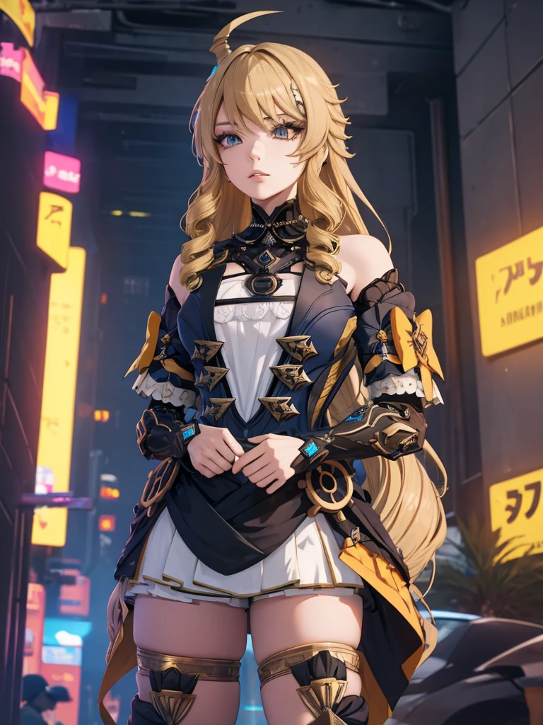 Navia from Genshin impact, 1woman, wearing a futuristic cyberpunk outfit, at future city, blonde colour hair style, 8k, high detailed, high quality