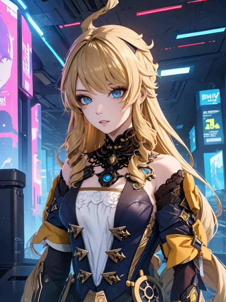 Navia from Genshin impact, 1woman, wearing a futuristic cyberpunk outfit, at future city, blonde colour hair style, 8k, high detailed, high quality