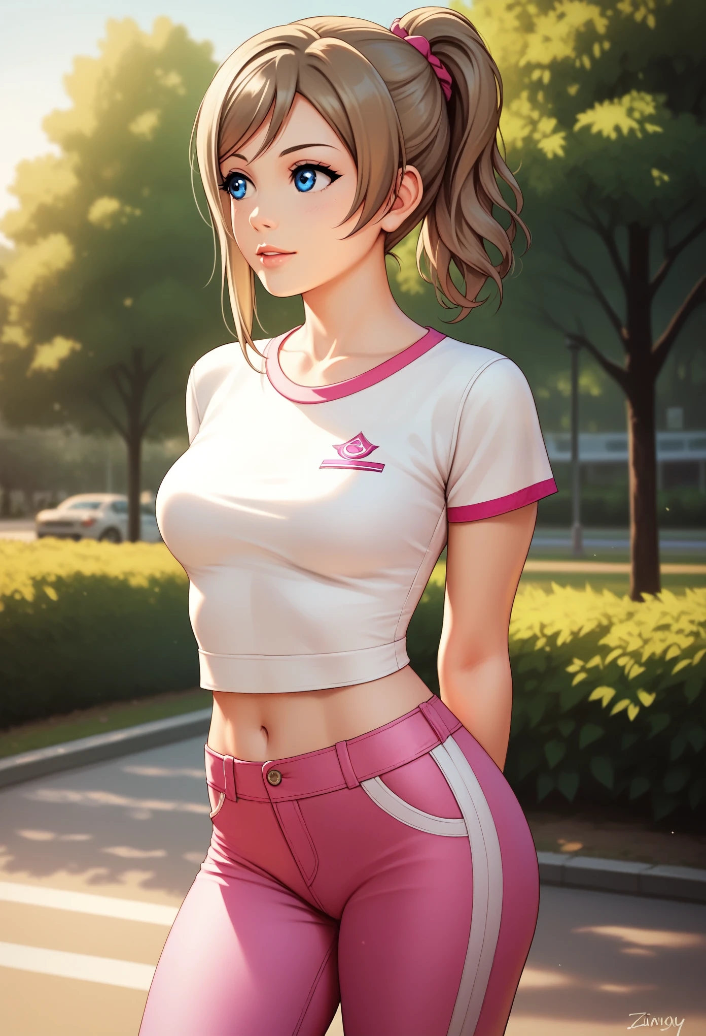 (Masterpiece), cowboy shot,8k wallpaper, solo, realistic anime, Watanabe you, looking away, crop top overhang, short sleeves, pink pants,thighs, sunny day,blue eyes, beautiful detailed face and eyes, detailed background ,park street , arms behind back ,tree