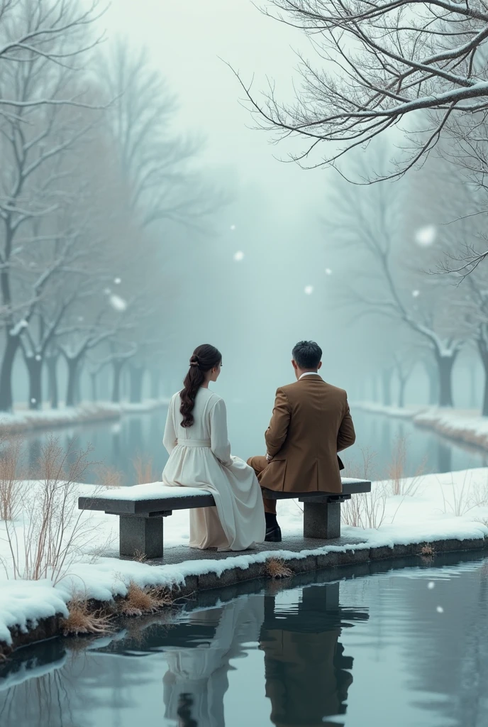 Sonw weather beside a water click on a bench A man is a brown colour suit and girl is sitting on the same base with a white colour frock