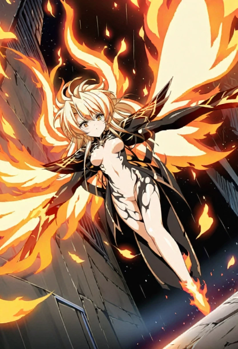 anime style, super fine illustration, highly detailed, dynamic angle, beautiful detailed, One cute girl、With the power of the phoenix at its mercy々and take to the battlefield。The Phoenix, also known as the Feng Huang,、It is a sacred bird with a beautiful flame-like body.。, The whole area is engulfed in flames、Fire Rains Down, Burn it all down、Start All Over, Ruler of Reincarnation and Eternity, Behind it was a pitch black space.、Everything Burns Down, A dazzling light remains、A new life begins