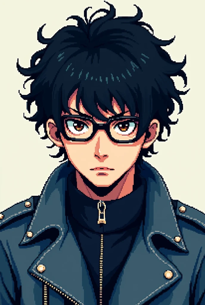 Strong pixel art emo man with very curly black hair, with glasses, blue and white motocross jacket, eyes browns, with a serious face, facing the front