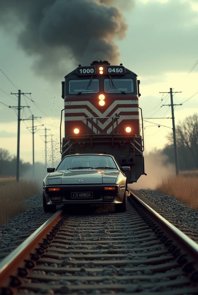 Create a realistic and cinematic image of a train crashing into a car.