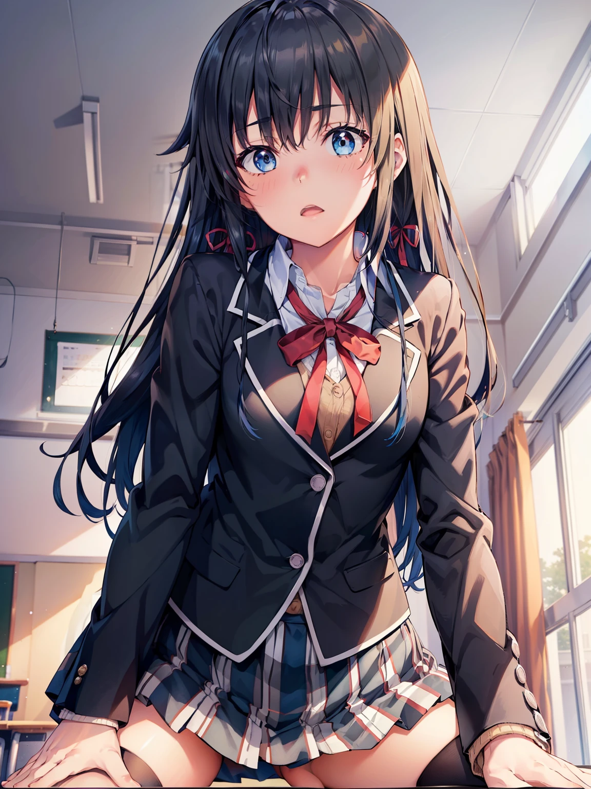 ((Highest quality, High resolution,  Perfect Pixel,  4K)),  (Beautiful Anime Girls), Depth of written boundary、
Watching the audience, 
Perfect body, 

aayukino, long hair, ahoge, hair ribbon, school uniform, neck ribbon, collared shirt, blazer, black jacket, long sleeves, plaid skirt, black thighhighs,
Small breasts、

View your viewers, From below, 
School classroom、

throw, Top girl, Straddle, Sex,