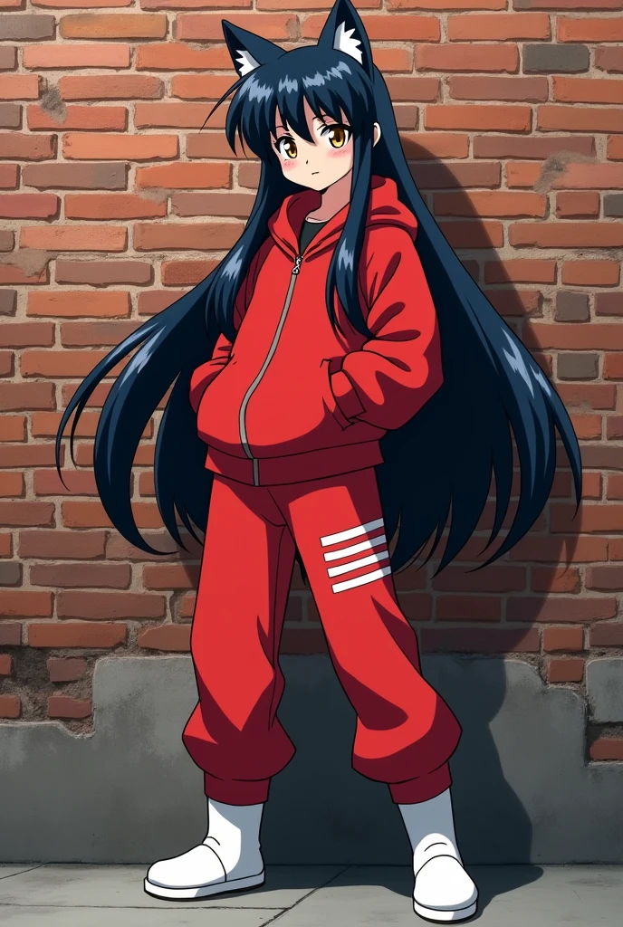 An anime girl who looks  with cat ears, very long, straight black hair with bangs similar to Inuyasha&#39;s, and golden eyes., She is dressed in a wide red sports coat and sports pants with a design of three parallel lines.. And some white wool boots standing in front of a brick wall