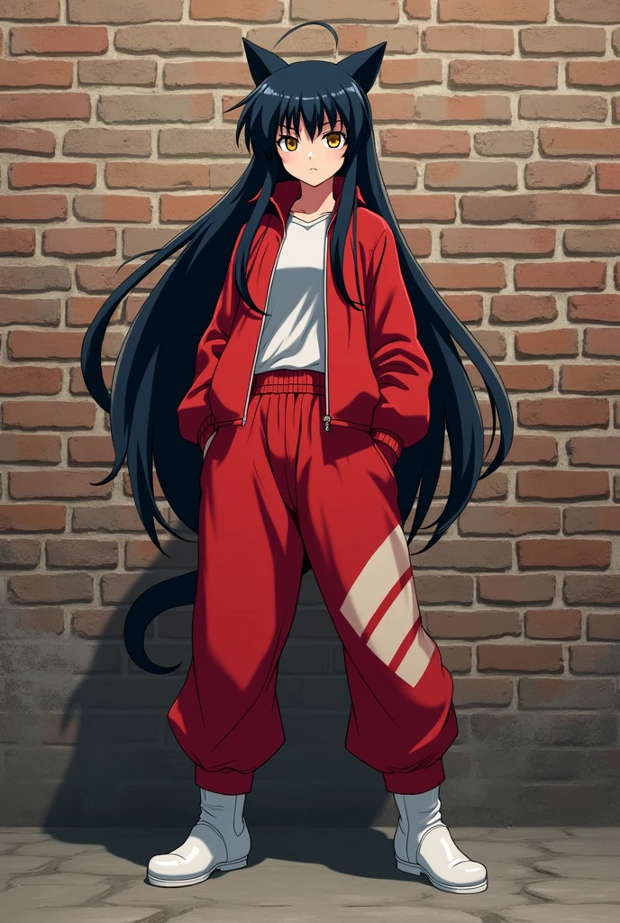 An anime girl who looks with cat ears, very long, straight black hair with bangs similar to Inuyasha's, and golden eyes., She is dressed in a wide red sports coat and sports pants with a design of three parallel lines.. And some white wool boots standing in front of a brick wall