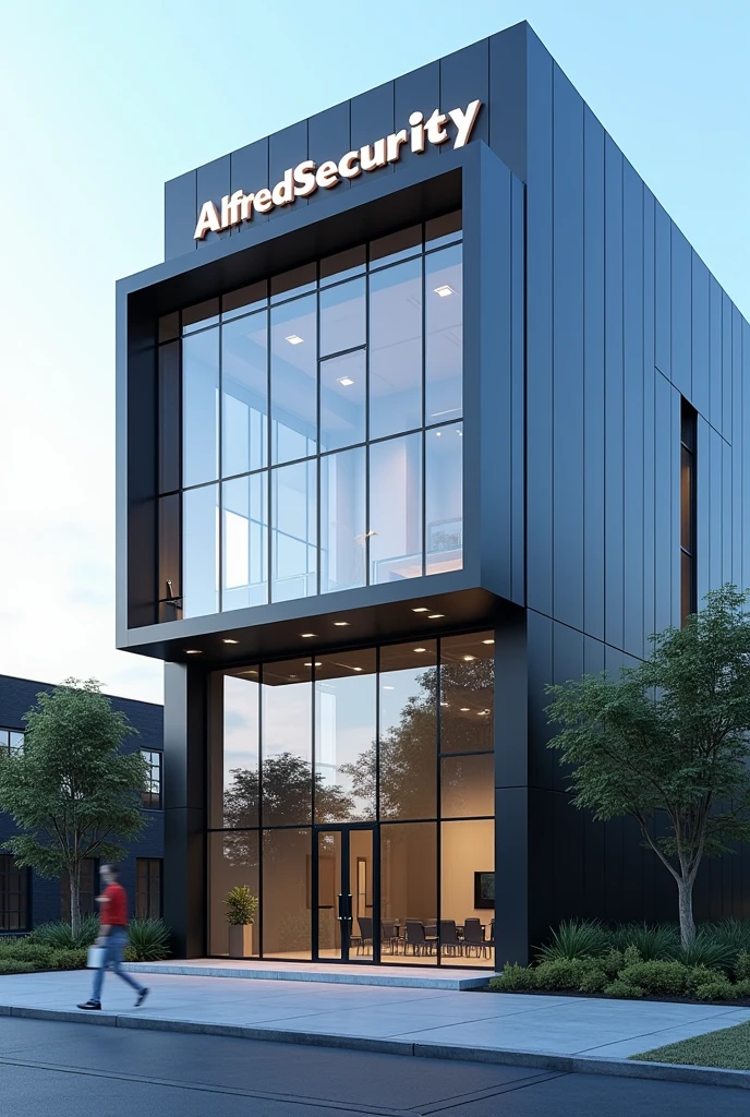 A two-story company, American construction and architecture, with the first and second floor glazed, the company is a technology company, Company name= "Alfred segurity 🔒"