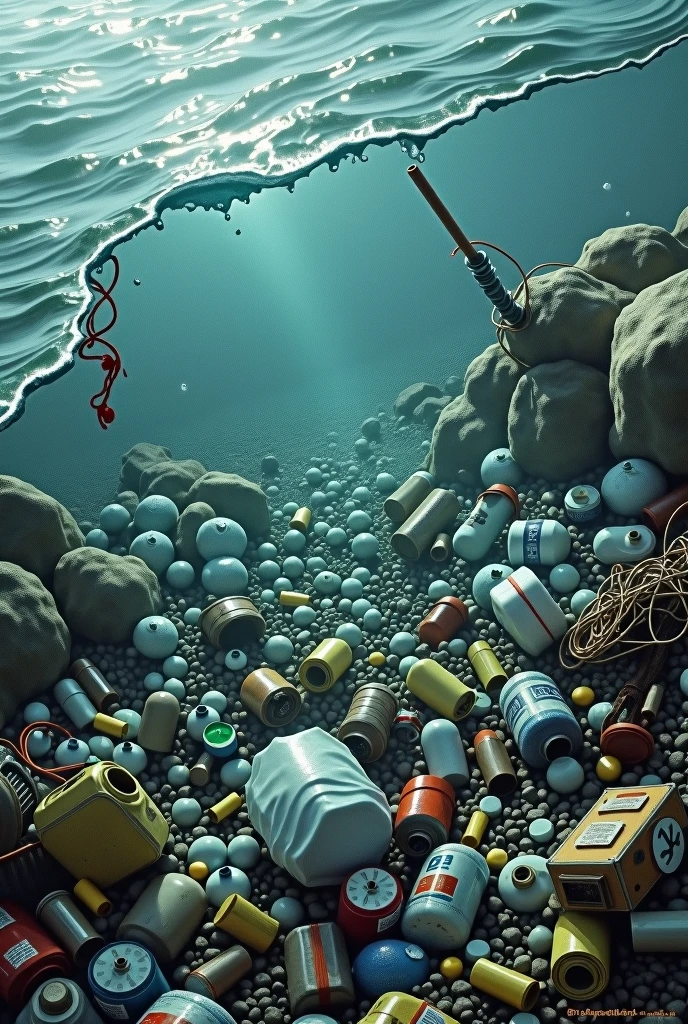 realistic water pollution with plastic waste,metalwork. ocean