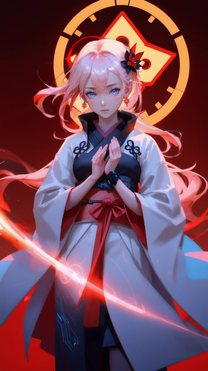 Create a digital artwork depicting a mystical female guardian in a traditional Japanese kimono, adorned with elements of modern digital aesthetics. Her attire should be deep red, complementing the fiery, swirling background that symbolizes the volatile world of cryptocurrency. The background should be a vivid red with subtle darker gradients to give depth, and include floating symbols of various cryptocurrencies like Bitcoin and Ethereum, all glowing softly to emphasize their digital nature.
The female character should have striking blue eyes and hair subtly highlighted with digital, circuit-like patterns, evoking a sense of futuristic elegance. Her pose should be serene yet powerful, with her hands gently raised as if she is manipulating the digital elements around her. Surround her with ethereal flames that enhance the mystical aura, all kept within a palette of reds and warm golds to unify the scene.
Ensure the artwork conveys a theme of security and stability in the digital finance world, subtly integrated into the visual elements without any text, maintaining focus on the phrase 'Funds Are Safu' as an understood theme rather than an explicit statement.