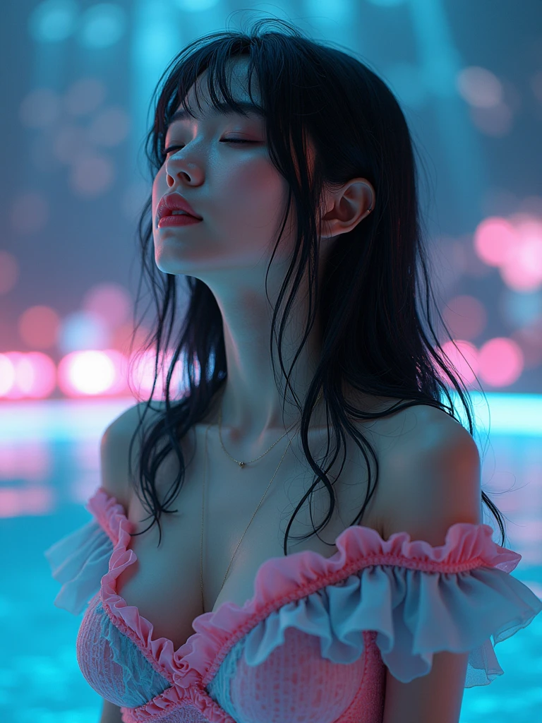 High resolution, masterpiece, Highest quality, One person, Japanese, front、Cute Face、Looking up at the sky、Melancholic expression、Close ~ eyes、Black Hair, Bob Cut Hair, pink cyaan frilly off-shoulder swimsuit、Large Breasts, Sweat、Wet Hair、Wet body、The background is a psychedelic glowing light.、