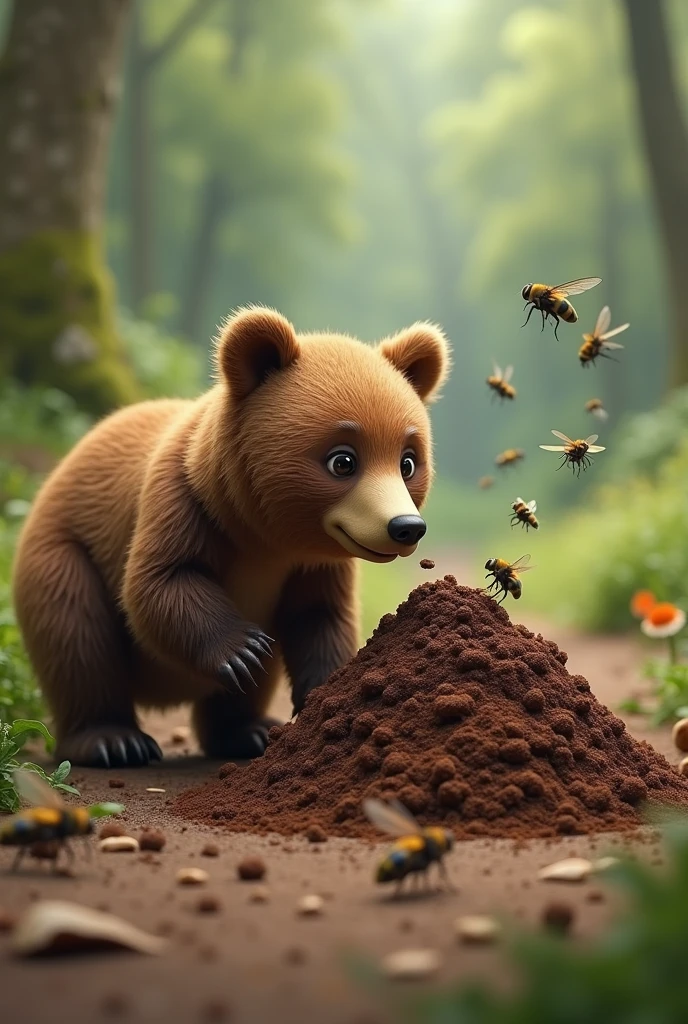 A poop with flies and a bear smelling it