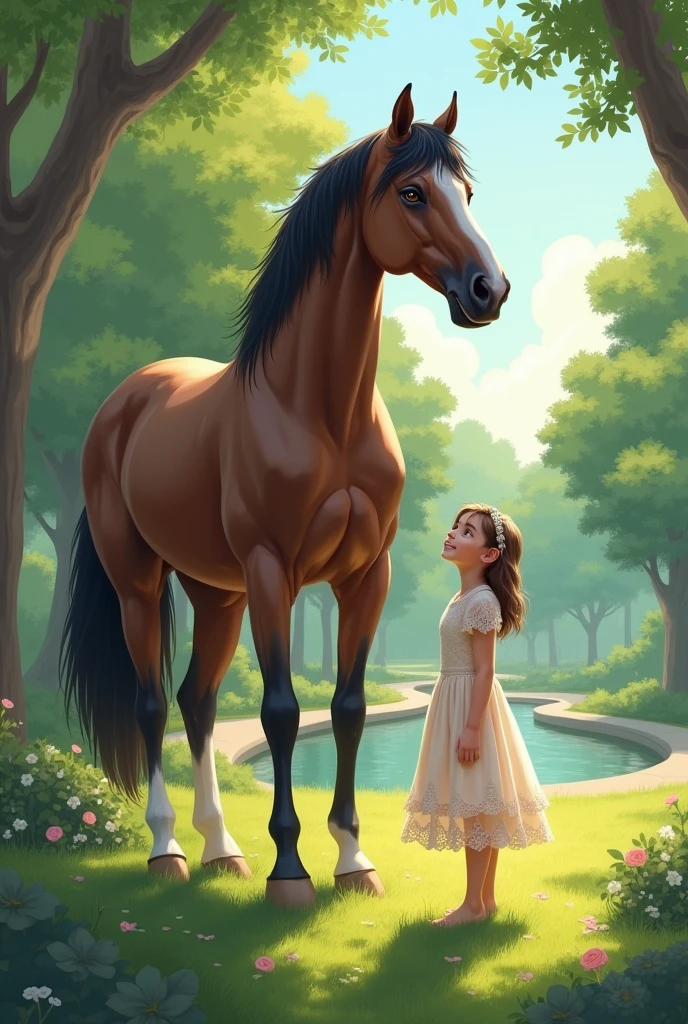 A girl stands next to a horse in the park