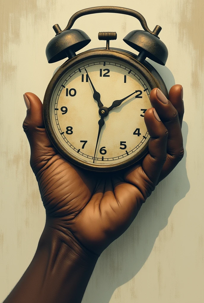 An African hand trying to grasp a slipping clock hand, illustrating their attempt to slow down or redeem time.