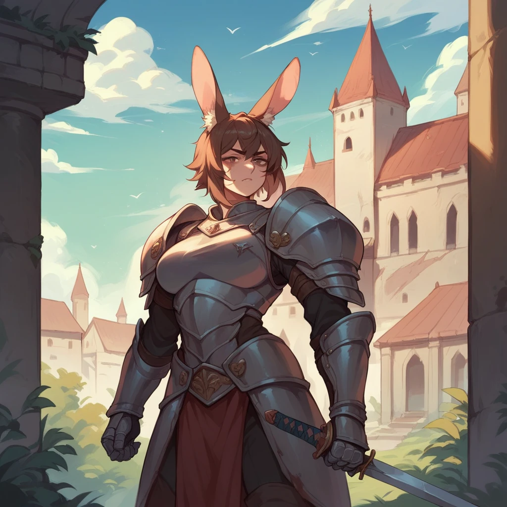 a female bunny kemonomimi in training armor. she is outside the castle and has her one sword sheathed. she has a huge scar on her face. she has brown hair that covers her human ears.