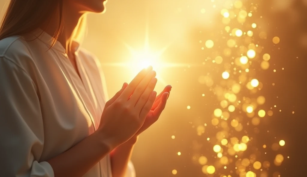 A viral social media image: A serene light shines on praying hands, surrounded by golden coins cascading from the sky on the right, symbolizing a financial miracle. Background features a soft, heavenly glow.
