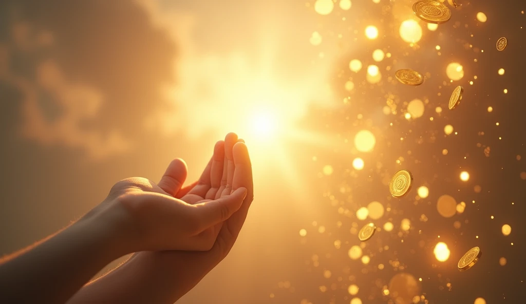 A viral social media image: A serene light shines on praying hands, surrounded by golden coins cascading from the sky on the right, symbolizing a financial miracle. Background features a soft, heavenly glow.