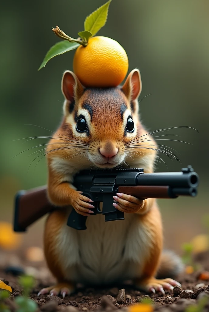 ((Highest quality)), ((masterpiece)), (photograph), A chipmunk is walking with a gun, A little Yuzu is sitting on the squirrel&#39;s head