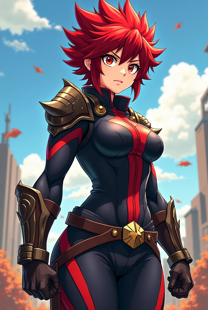 Kirishima Eijiro reimagined as a female character from 'My Hero Academia'. She has spiky red hair, a strong and confident expression, and is dressed in a female version of her hero costume. The costume is a form-fitting suit with the same rugged and tough elements as the original but tailored for a female. Her overall appearance should convey strength and determination, with her quirk 'Hardening' reflected in her outfit.