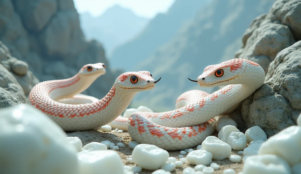 There are many white jades and pit vipers with spikes on their noses between red and white rings on the mountain.(best quality,4K,8k,High level,masterpiece:1.2),Ultra Detailed,(lifelike,Photo real,Photo real:1.37)