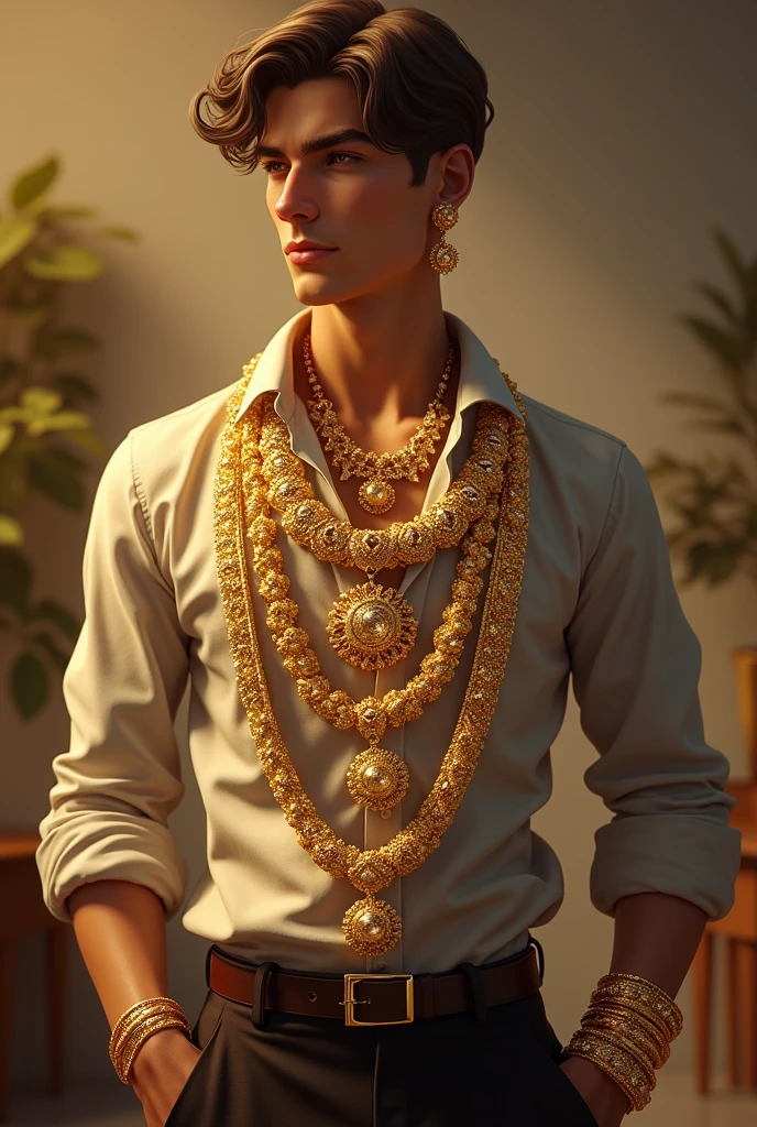 Young man, holding gold jewelry showing it off, dressed in shirt and pants