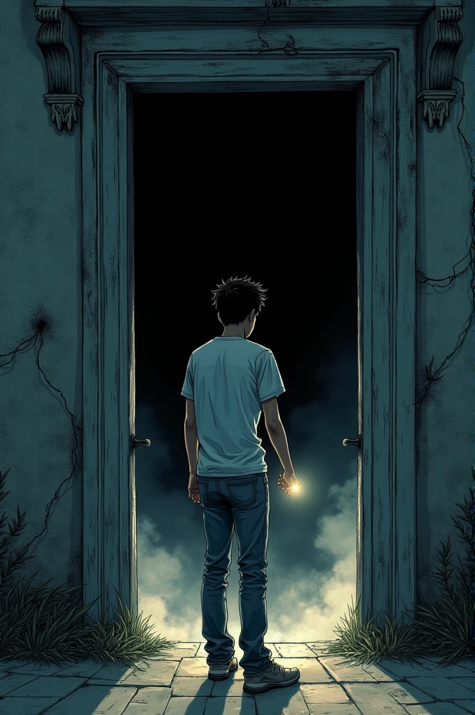 : Ravi standing at the threshold of the mansion, holding a flashlight in one hand. The open door reveals a pitch-black interior, and Ravi hesitates before stepping inside. The cold, eerie atmosphere is palpable, with a slight mist swirling around his feet.
Size: 1024x1024