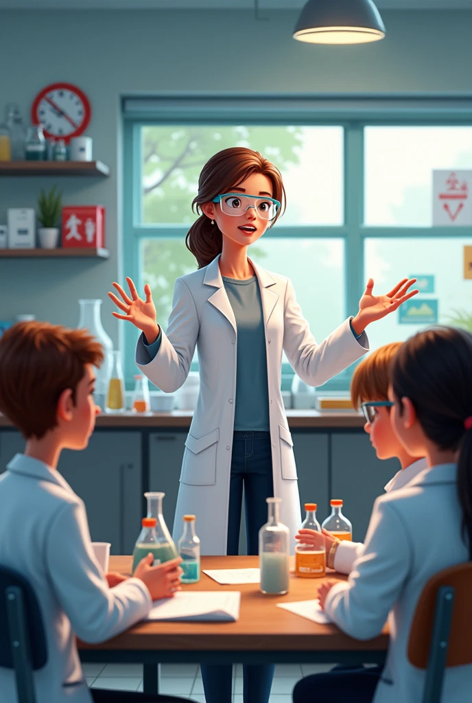 generates a 2D drawing of a teacher explaining safety rules to his students in a laboratory