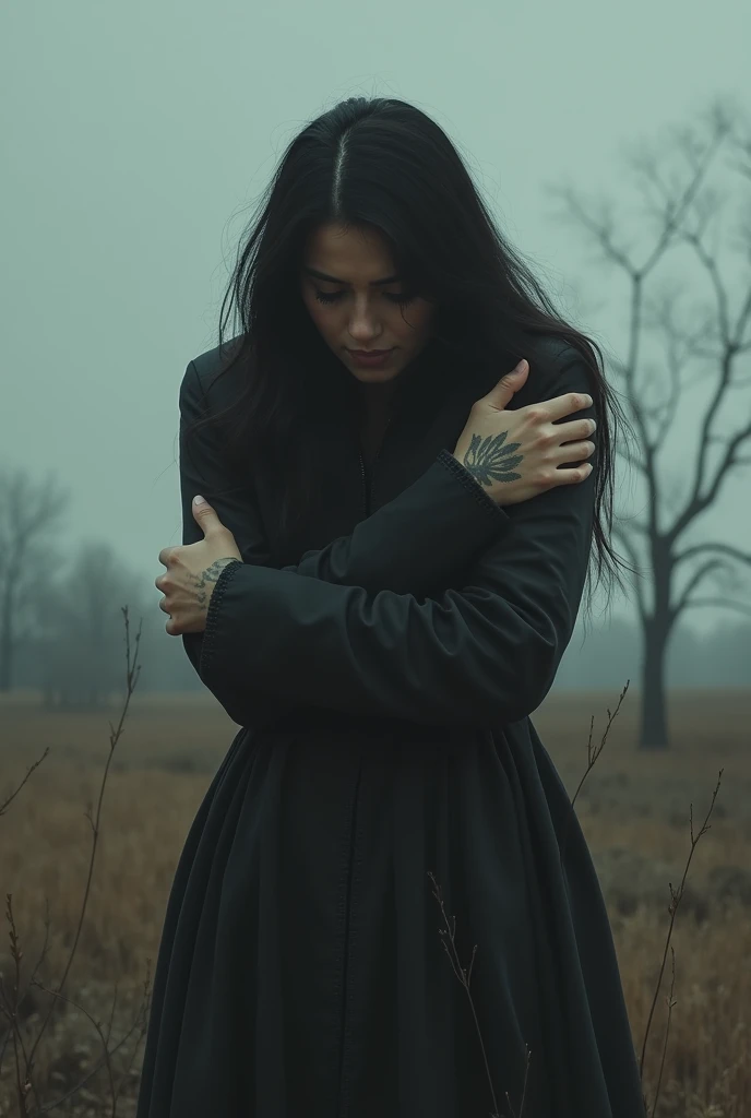 Create for me an image of a woman hugging herself with a melancholic face with a melancholic and desolate background