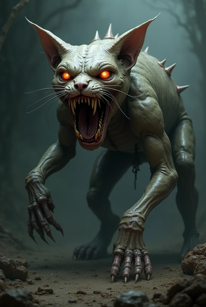 Create the most horrible, dark, repulsive monster with 4 legs, 2 spike-shaped arms, with a giant cat-shaped head with aspects of a mummified jackal, with 2 mouths, one inside the other, with many teeth, with 6 eyes and giant