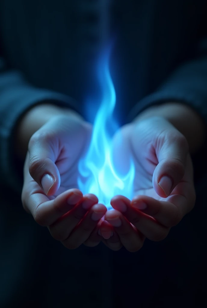 hands holding a blue flame realistic