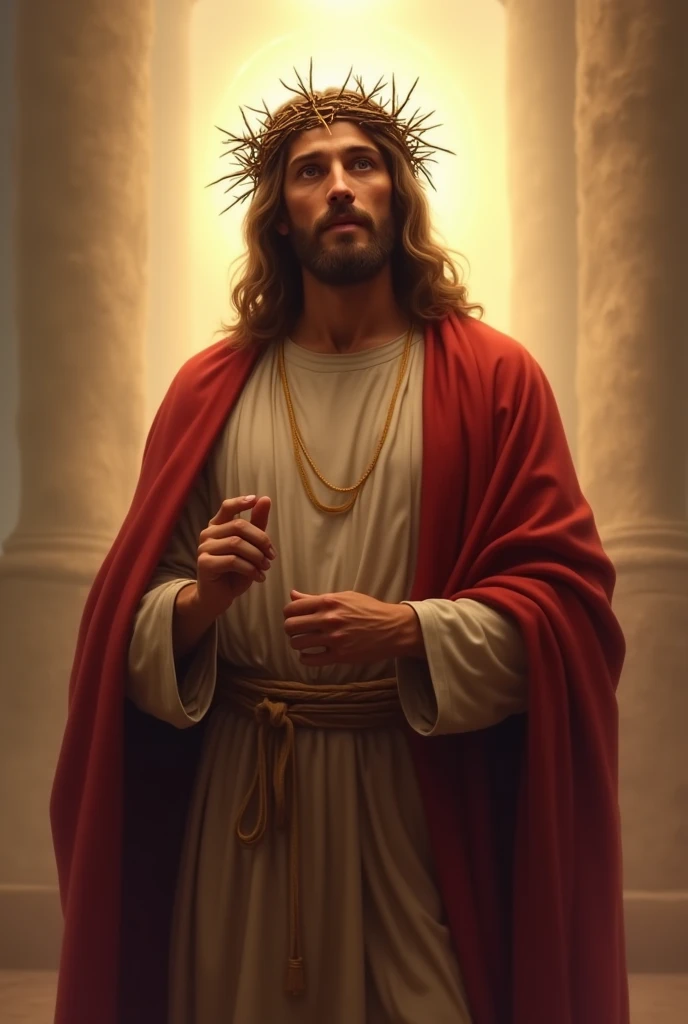 Jesus looking forward with a towel covering his hips and legs, with a red cape covering his body without showing his body, a crown of thorns and a light coming out behind his head
