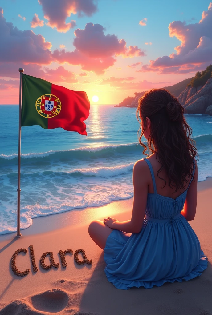 Create an image Where we see the sea in Portugal with the flag of Portugal and the name Clara engraved in the sand with a blue and pink sunset and a teenager sitting on the coast with wavy, slightly curly brown hair and slightly tanned skin from the back with a very realistic blue dress and we only see the girl from the back from afar  