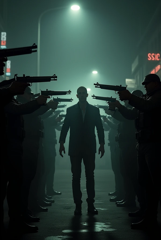 Many people pointing a gun at a man