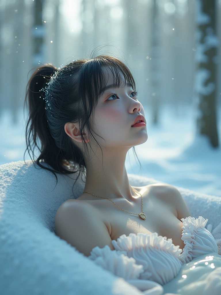 High resolution, masterpiece, Highest quality, One person, Japanese, Cute Face、Looking up at the sky、Melancholic expression、Close ~ eyes、White Breath、Steam from the body、Black Hair, Ponytail Hair, White frilly off-shoulder swimsuit、Large Breasts, Sweat、Wet Hair、Wet body、Beautiful snowy birch forest、The background is a psychedelic glowing light.、Sleeping in an infinity chair、