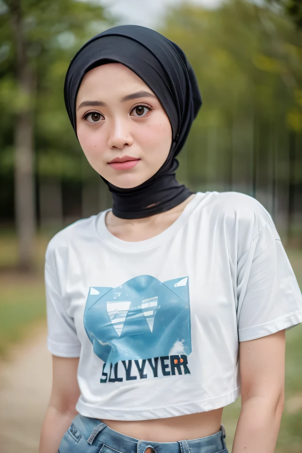 ((CROPPED SLAYER TSHIRT:1.49)), HIJAB GIRL STYLISH & ((WEARING HOTPANTS)), masutepiece, High quality, UHD 32K, Realistic face, Realistic skin feeling , A Japanese Lady, 5 matured lady, , Very cute and baby-like face, (((FLAT CHEST))), (Night time at forest), ((look In front at the camera and SADNESS)), (((CUTE GIRL))),